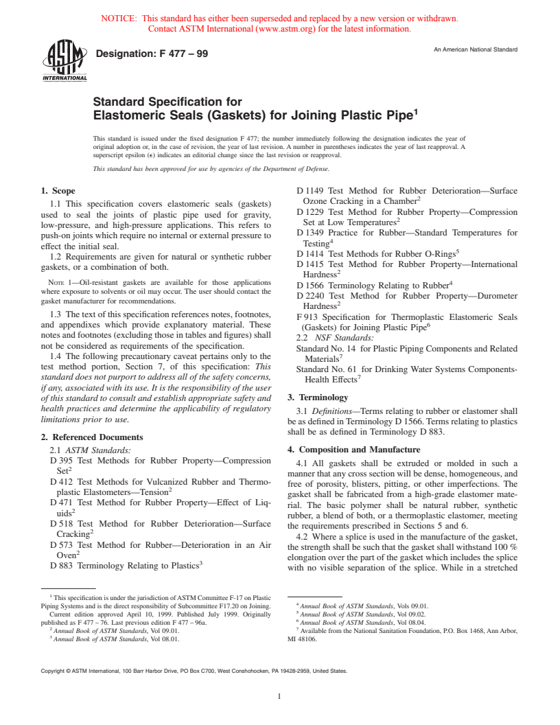 ASTM F477-99 - Standard Specification for Elastomeric Seals (Gaskets) for Joining Plastic Pipe