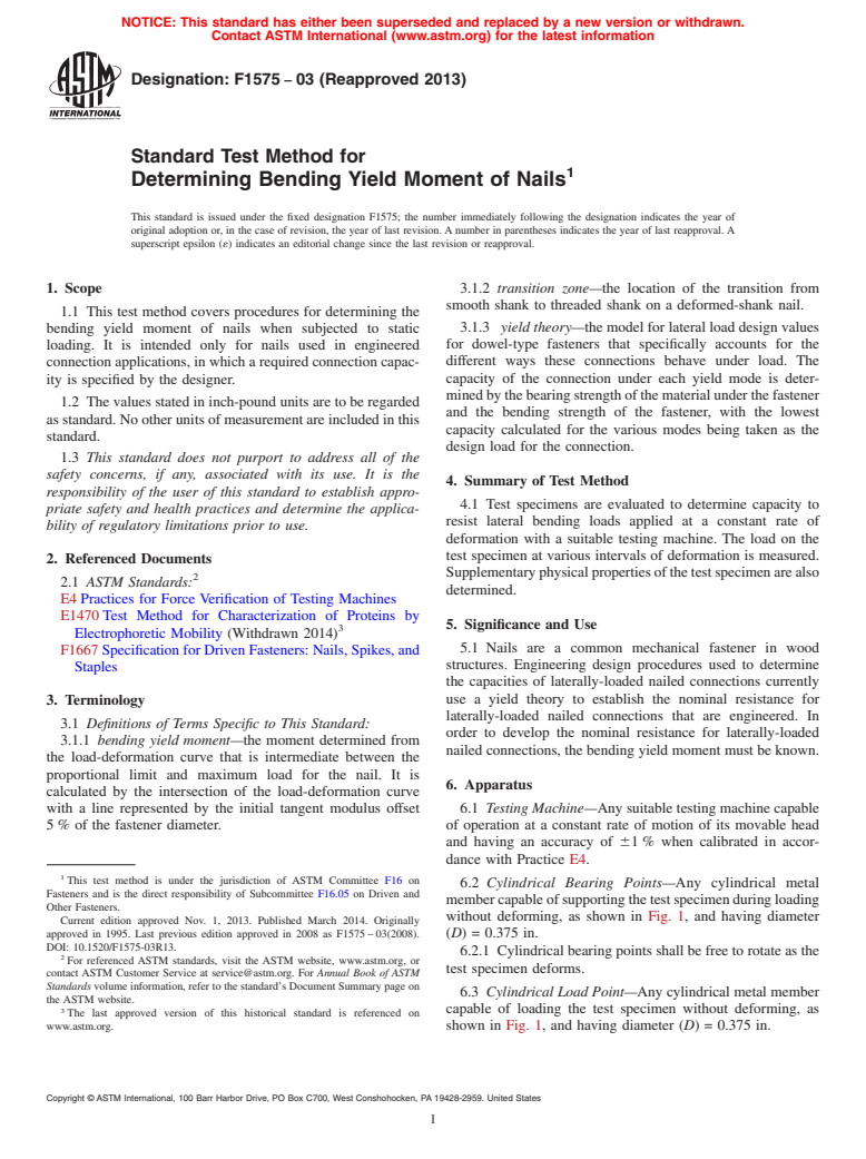 ASTM F1575-03(2013) - Standard Test Method for  Determining Bending Yield Moment of Nails