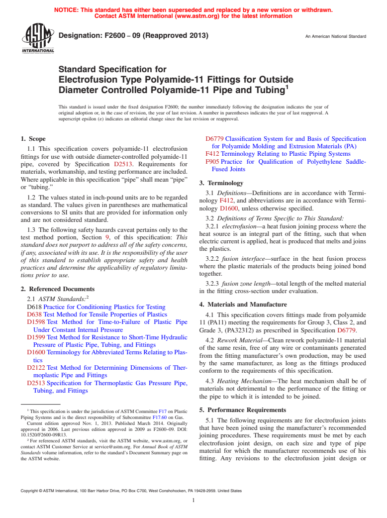 ASTM F2600-09(2013) - Standard Specification for  Electrofusion Type Polyamide-11 Fittings for Outside Diameter  Controlled Polyamide-11 Pipe and Tubing