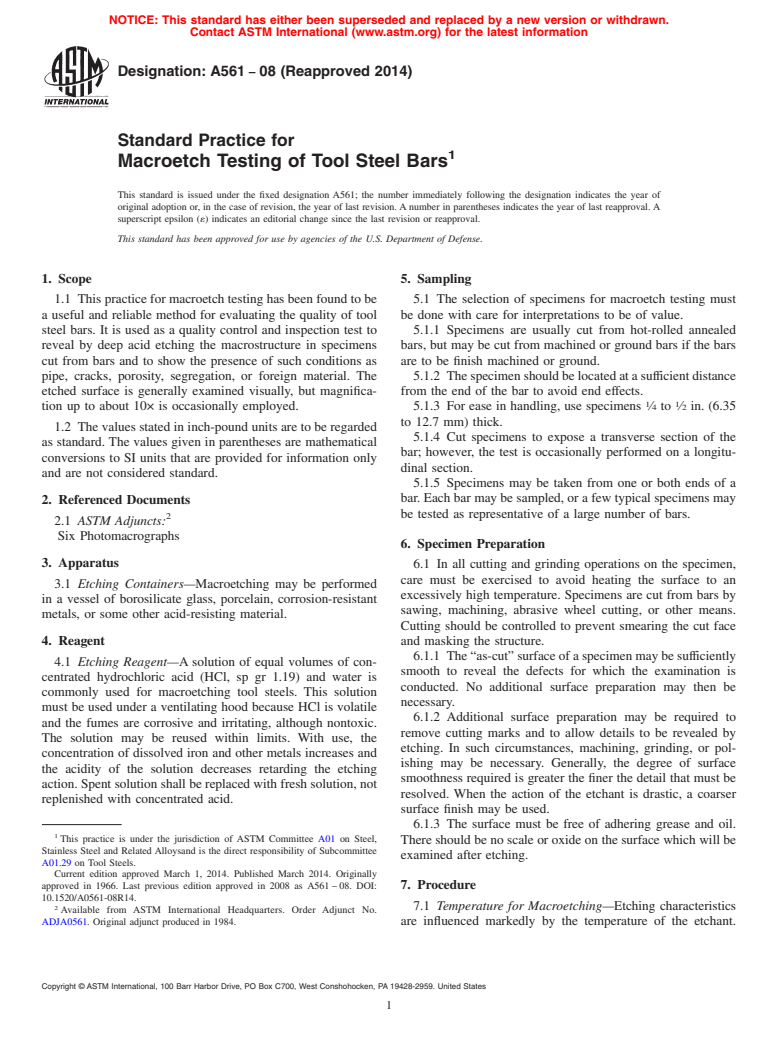 ASTM A561-08(2014) - Standard Practice for  Macroetch Testing of Tool Steel Bars