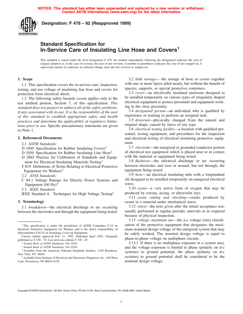 ASTM F478-92(1999) - Standard Specification for In-Service Care of Insulating Line Hose and Covers