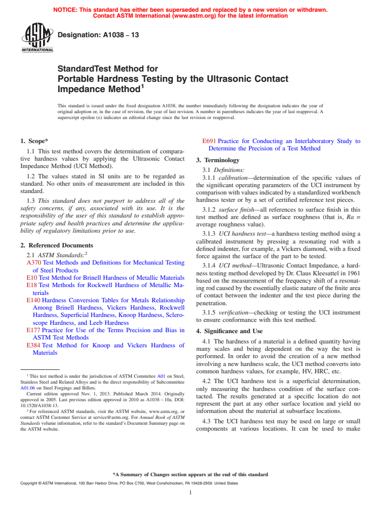 ASTM A1038-13 - Standard Test Method for  Portable Hardness Testing by the Ultrasonic Contact Impedance   Method