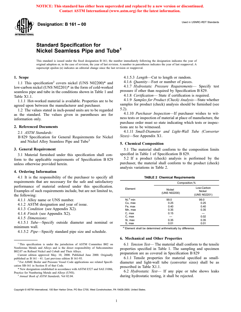 ASTM B161-00 - Standard Specification for Nickel Seamless Pipe and Tube