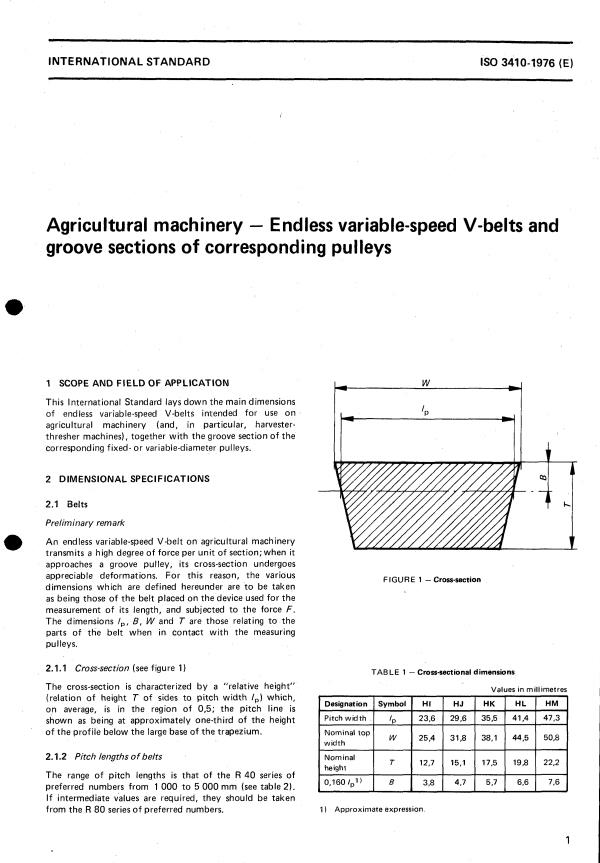 ISO 3410:1976 - Agricultural machinery -- Endless variable-speed V-belts and groove sections of corresponding pulleys