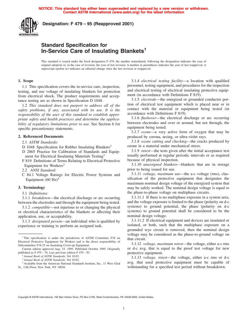 ASTM F479-95(2001) - Standard Specification for In-Service Care of Insulating Blankets