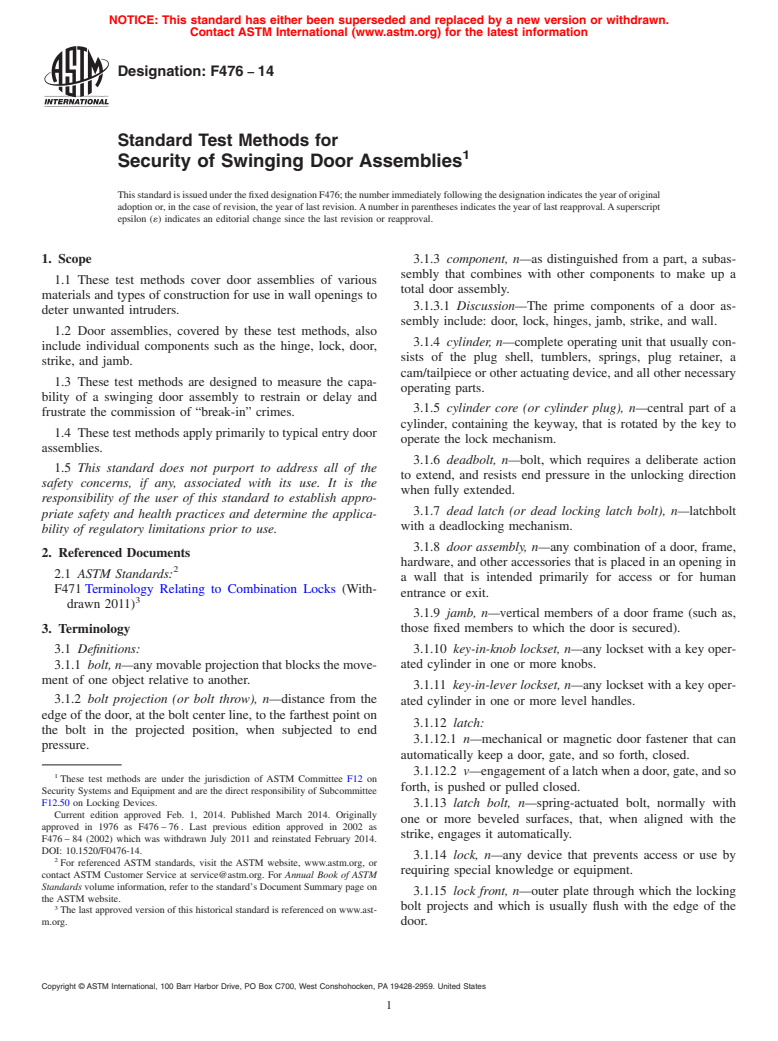 ASTM F476-14 - Standard Test Methods for Security of Swinging Door Assemblies