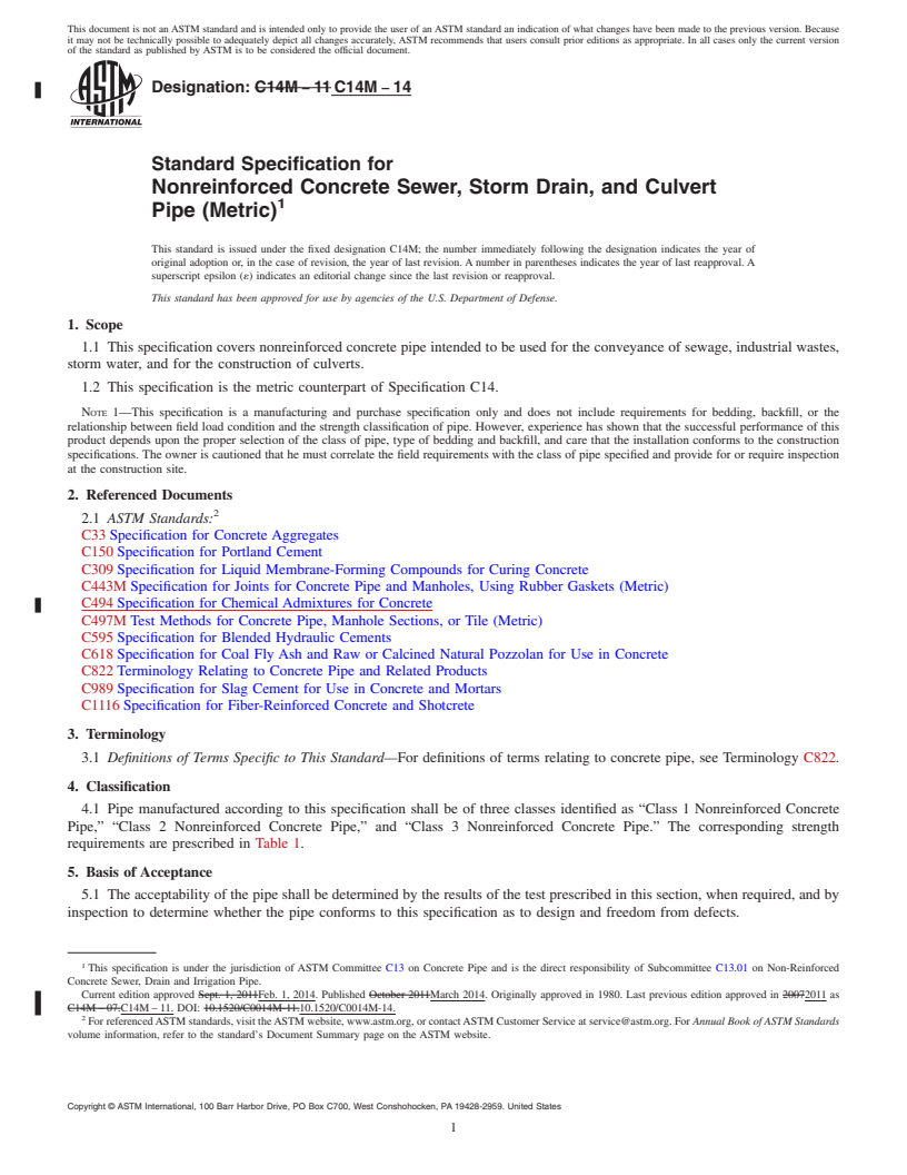 REDLINE ASTM C14M-14 - Standard Specification for  Nonreinforced Concrete Sewer, Storm Drain, and Culvert Pipe   &#40;Metric&#41;