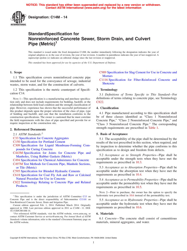 ASTM C14M-14 - Standard Specification for  Nonreinforced Concrete Sewer, Storm Drain, and Culvert Pipe   &#40;Metric&#41;