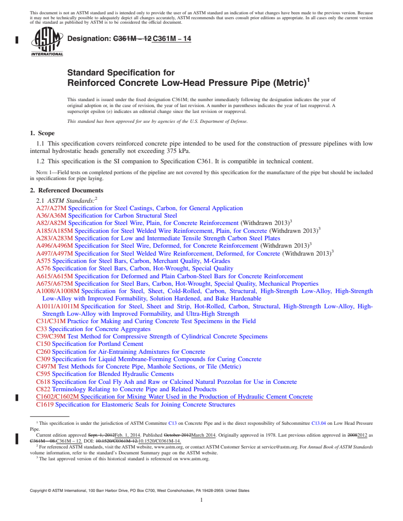 REDLINE ASTM C361M-14 - Standard Specification for  Reinforced Concrete Low-Head Pressure Pipe &#40;Metric&#41;