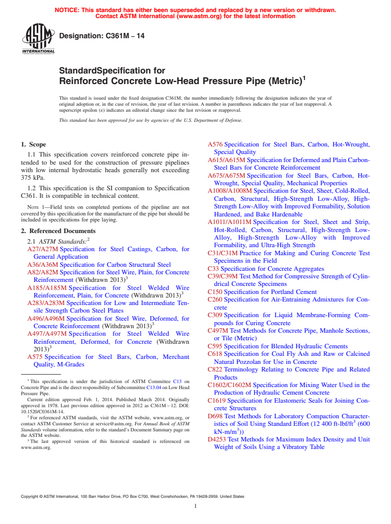 ASTM C361M-14 - Standard Specification for  Reinforced Concrete Low-Head Pressure Pipe &#40;Metric&#41;