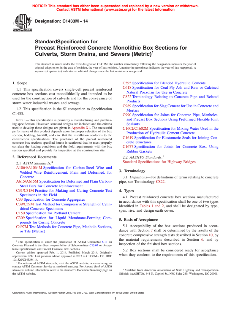 ASTM C1433M-14 - Standard Specification for  Precast Reinforced Concrete Monolithic Box Sections for Culverts,  Storm Drains, and Sewers &#40;Metric&#41;