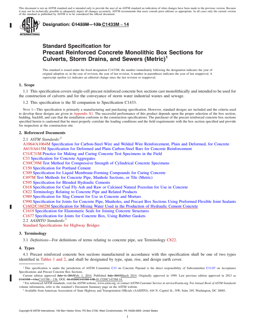 REDLINE ASTM C1433M-14 - Standard Specification for  Precast Reinforced Concrete Monolithic Box Sections for Culverts,  Storm Drains, and Sewers &#40;Metric&#41;