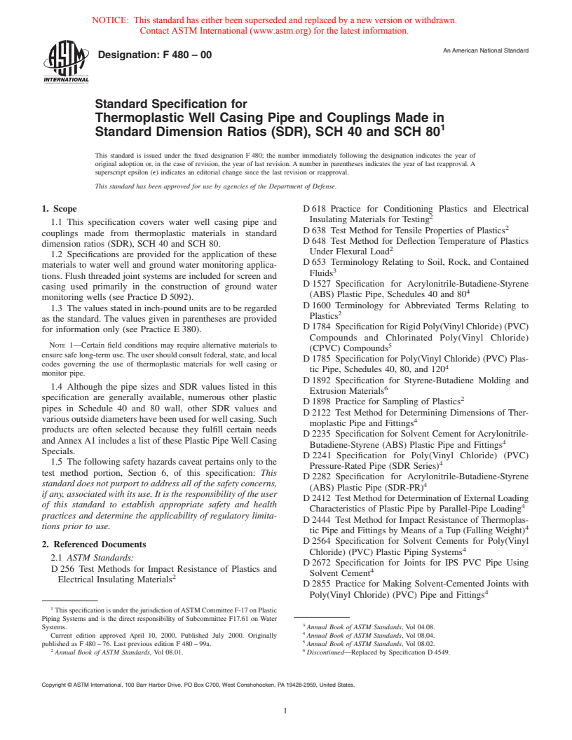 ASTM F480-00 - Standard Specification for Thermoplastic Well Casing Pipe and Couplings Made in Standard Dimension Ratios (SDR), SCH 40 and SCH 80