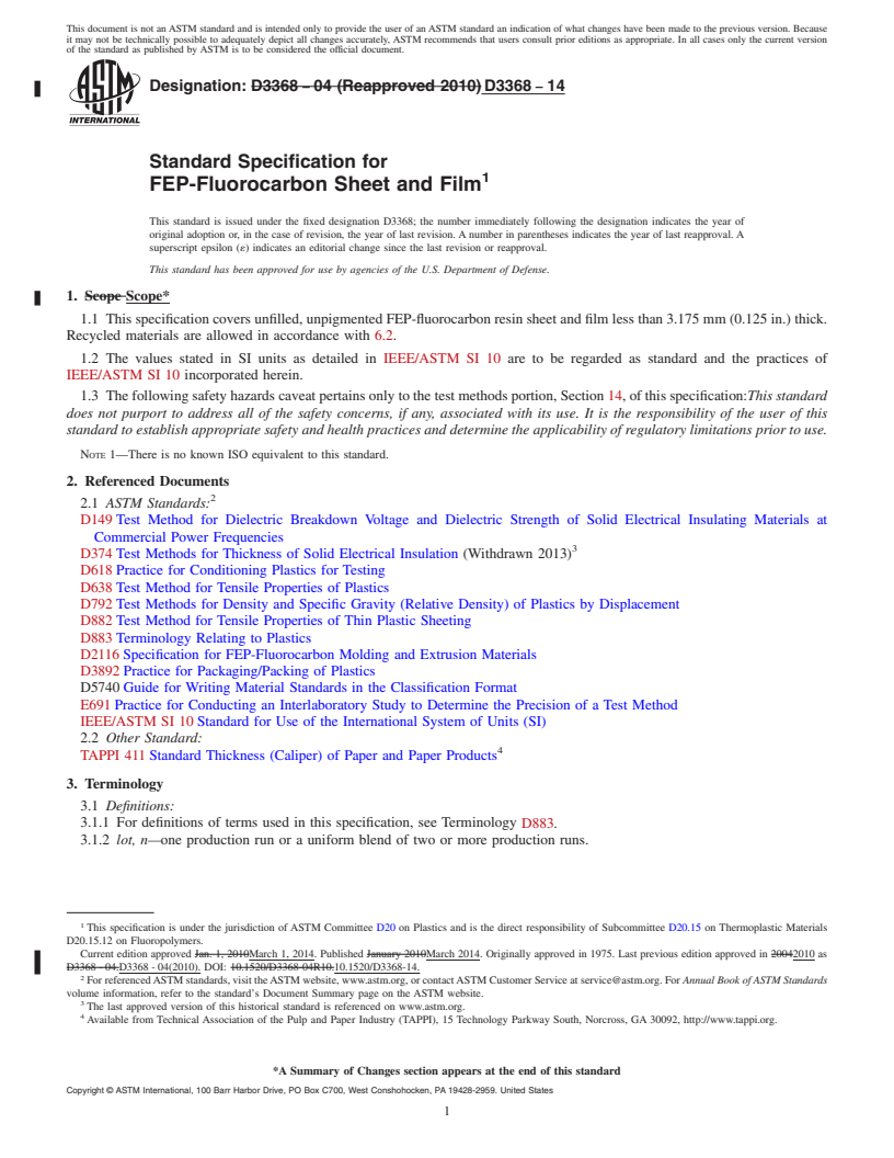 REDLINE ASTM D3368-14 - Standard Specification for  FEP-Fluorocarbon Sheet and Film