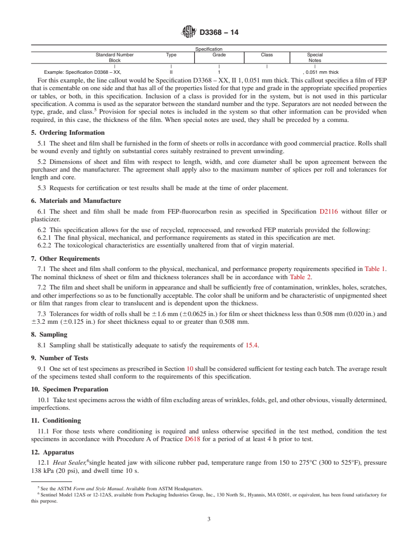 REDLINE ASTM D3368-14 - Standard Specification for  FEP-Fluorocarbon Sheet and Film