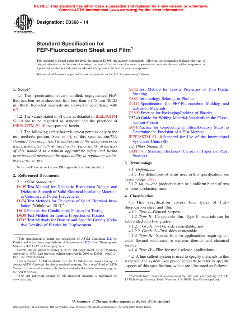 ASTM D3368-14 - Standard Specification for  FEP-Fluorocarbon Sheet and Film