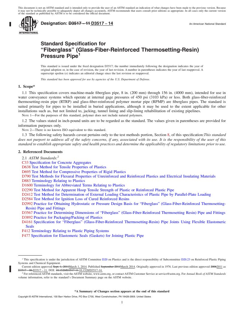 REDLINE ASTM D3517-14 - Standard Specification for  &ldquo;Fiberglass&rdquo; &#40;Glass-Fiber-Reinforced Thermosetting-Resin&#41;  Pressure Pipe