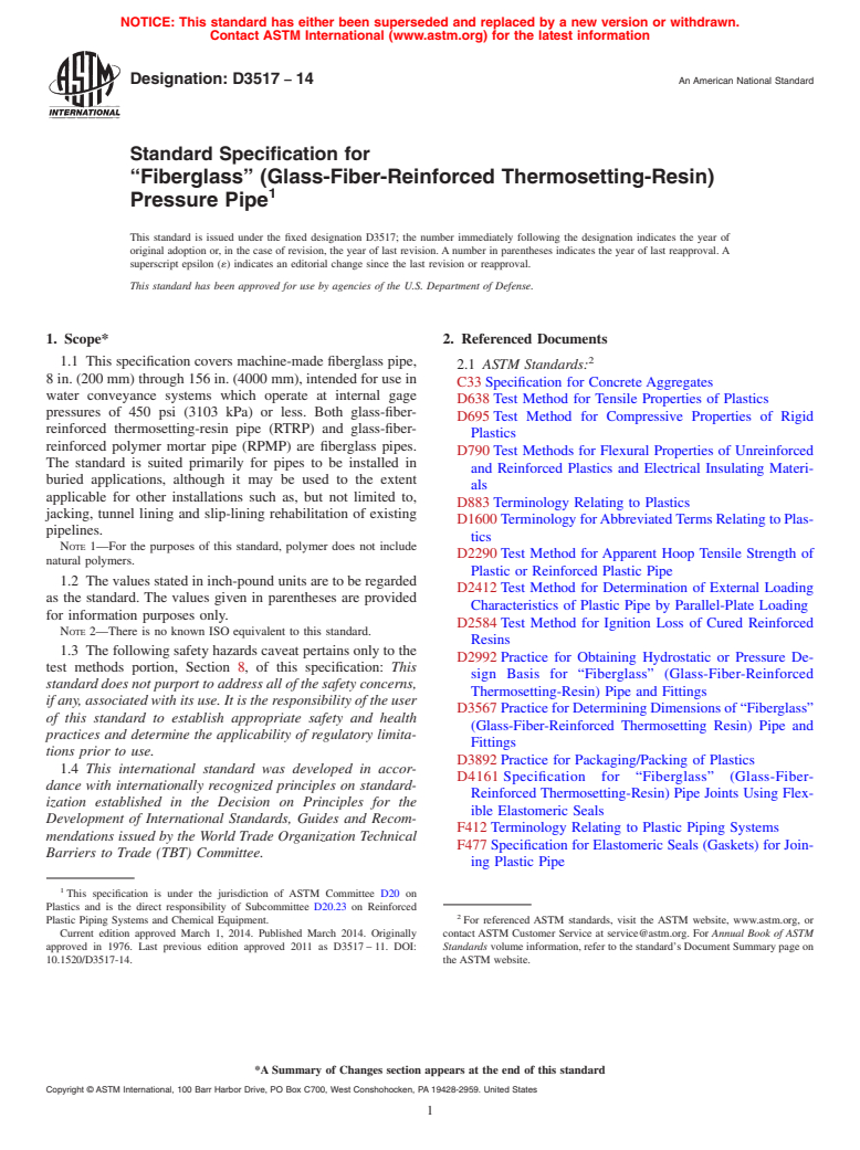 ASTM D3517-14 - Standard Specification for  &ldquo;Fiberglass&rdquo; &#40;Glass-Fiber-Reinforced Thermosetting-Resin&#41;  Pressure Pipe