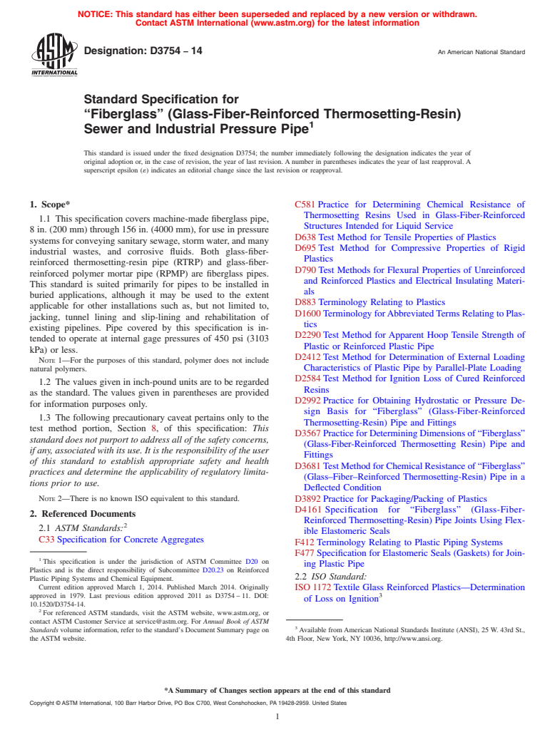 ASTM D3754-14 - Standard Specification for  &ldquo;Fiberglass&rdquo; &#40;Glass-Fiber-Reinforced Thermosetting-Resin&#41;  Sewer and Industrial Pressure Pipe