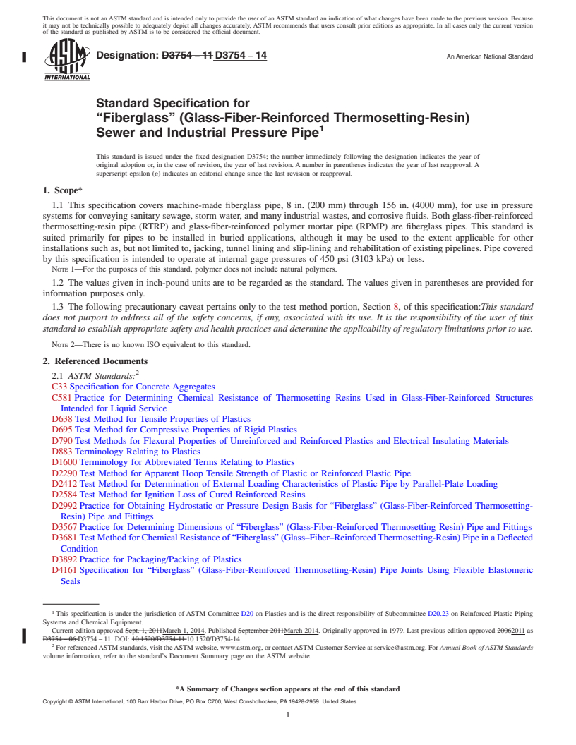 REDLINE ASTM D3754-14 - Standard Specification for  &ldquo;Fiberglass&rdquo; &#40;Glass-Fiber-Reinforced Thermosetting-Resin&#41;  Sewer and Industrial Pressure Pipe