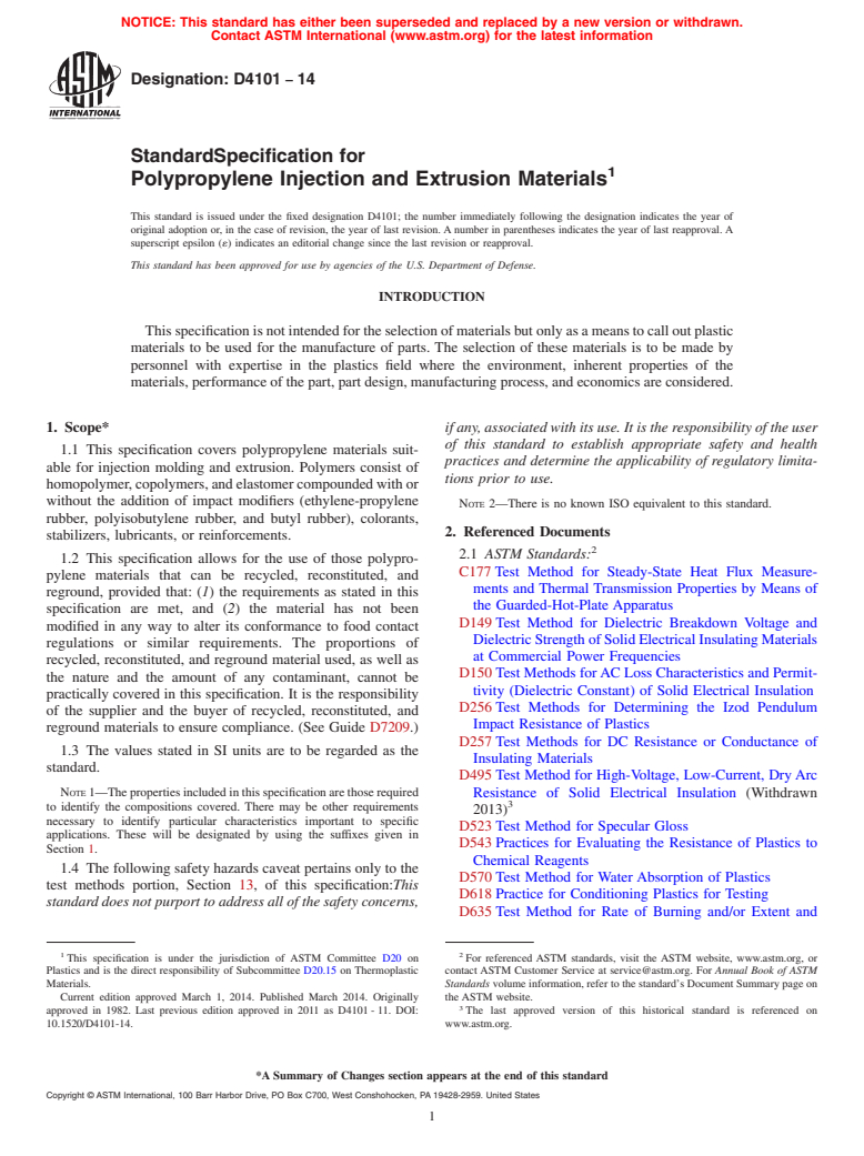 ASTM D4101-14 - Standard Specification for  Polypropylene Injection and Extrusion Materials