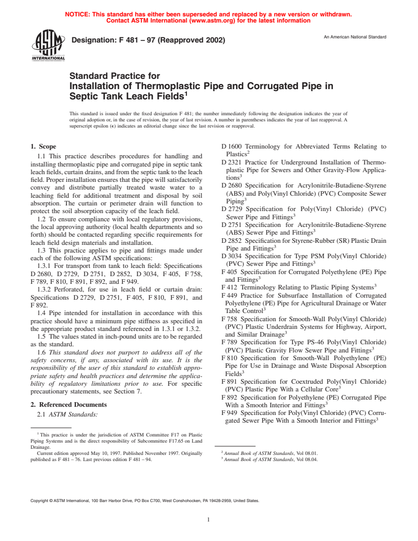 ASTM F481-97(2002) - Standard Practice for Installation of Thermoplastic Pipe and Corrugated Pipe in Septic Tank Leach Fields