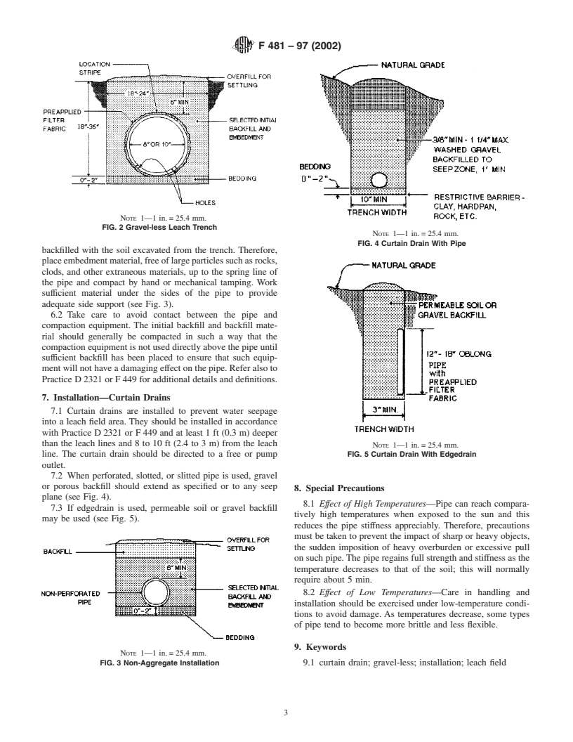 ASTM F481-97(2002) - Standard Practice for Installation of Thermoplastic Pipe and Corrugated Pipe in Septic Tank Leach Fields