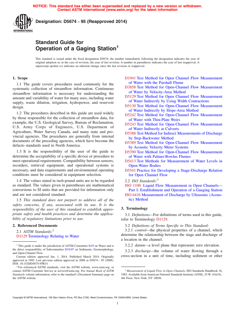 ASTM D5674-95(2014) - Standard Guide for  Operation of a Gaging Station