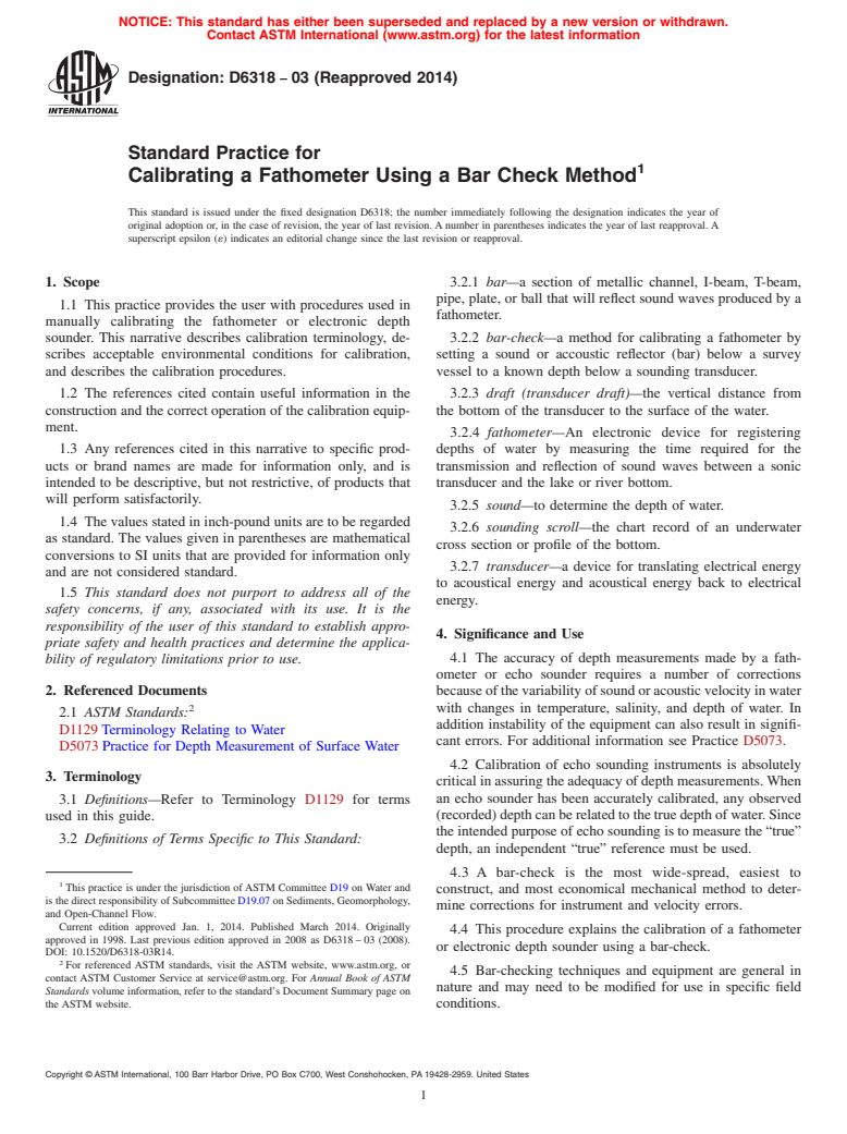 ASTM D6318-03(2014) - Standard Practice for  Calibrating a Fathometer Using a Bar Check Method (Withdrawn 2023)