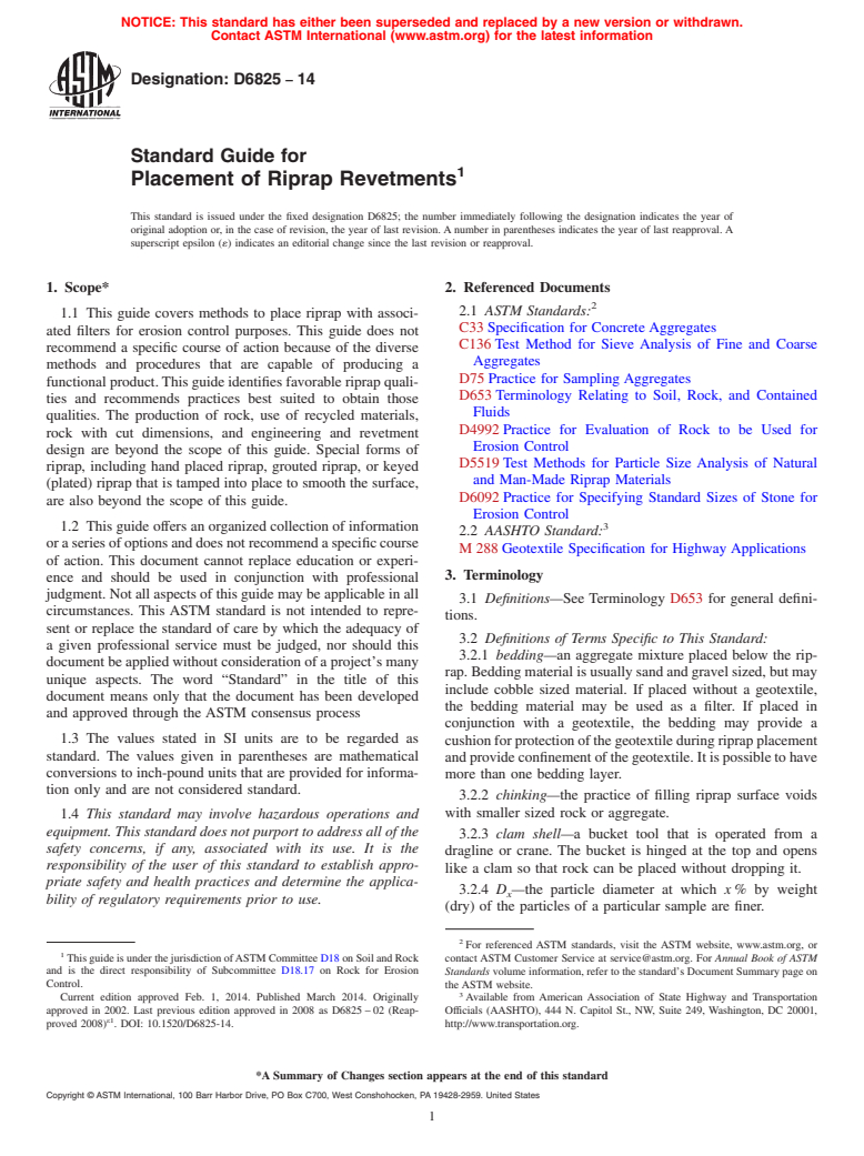 ASTM D6825-14 - Standard Guide for  Placement of Riprap Revetments