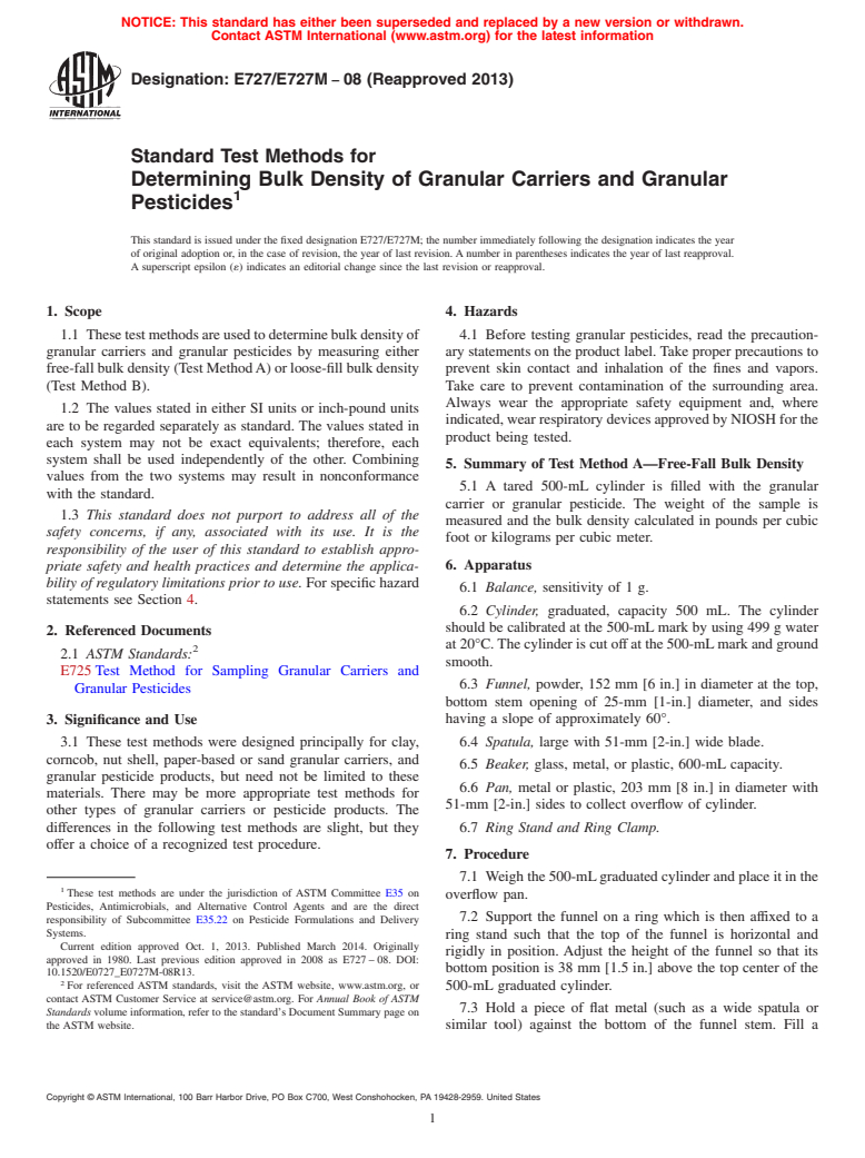 ASTM E727/E727M-08(2013) - Standard Test Methods for  Determining Bulk Density of Granular Carriers and Granular  Pesticides