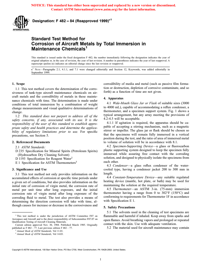 ASTM F482-84(1999)e1 - Standard Test Method for Corrosion of Aircraft Metals by Total Immersion in Maintenance Chemicals