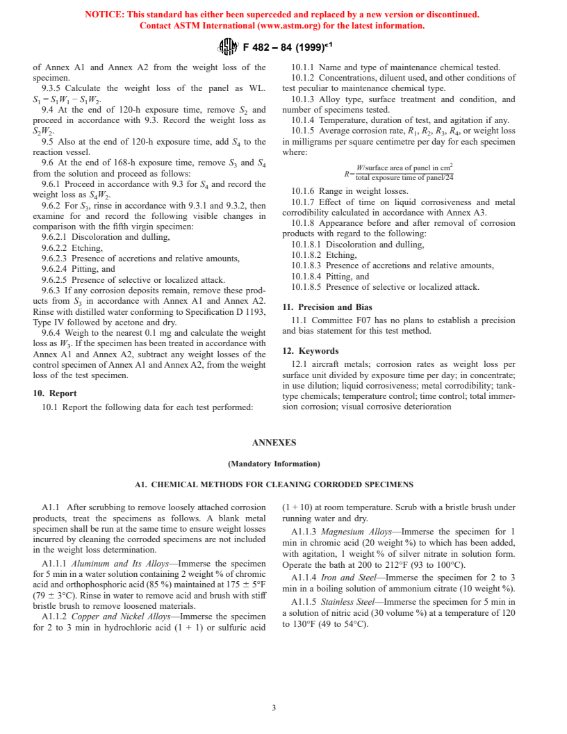 ASTM F482-84(1999)e1 - Standard Test Method for Corrosion of Aircraft Metals by Total Immersion in Maintenance Chemicals