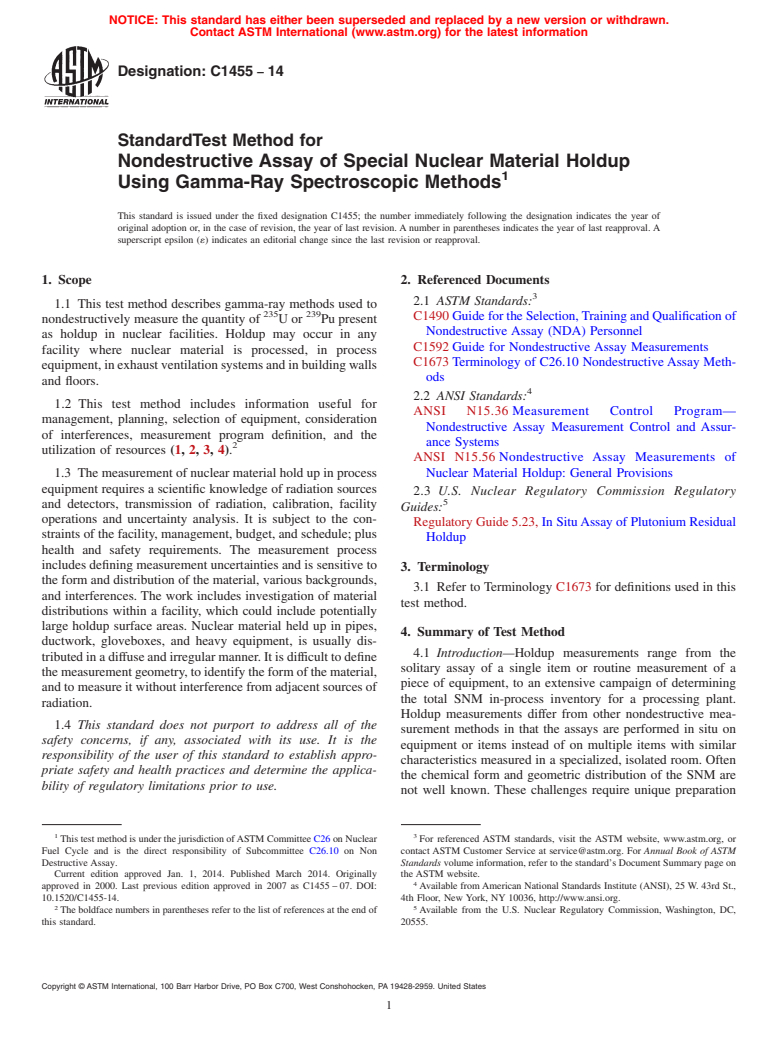 ASTM C1455-14 - Standard Test Method for  Nondestructive Assay of Special Nuclear Material Holdup Using  Gamma-Ray Spectroscopic Methods