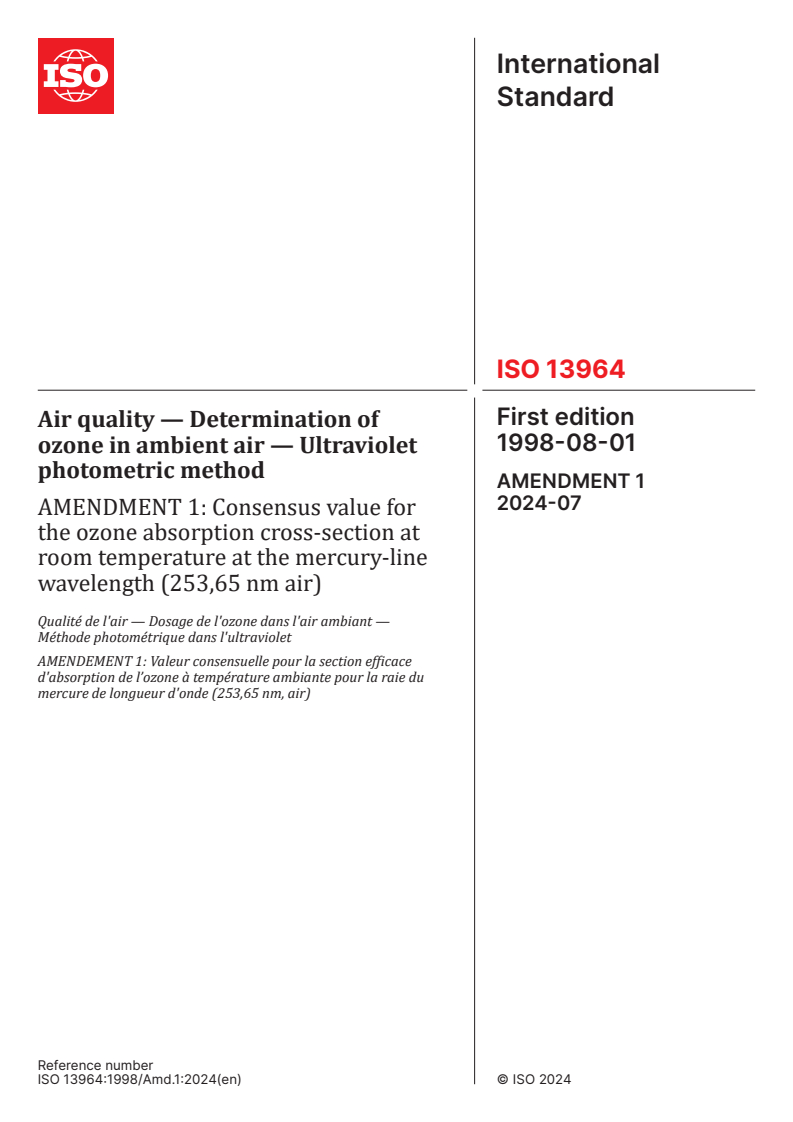 ISO 13964:1998/Amd 1:2024 - Air quality — Determination of ozone in ambient air — Ultraviolet photometric method — Amendment 1: Consensus value for the ozone absorption cross-section at room temperature at the mercury-line wavelength (253,65 nm air)
Released:29. 07. 2024