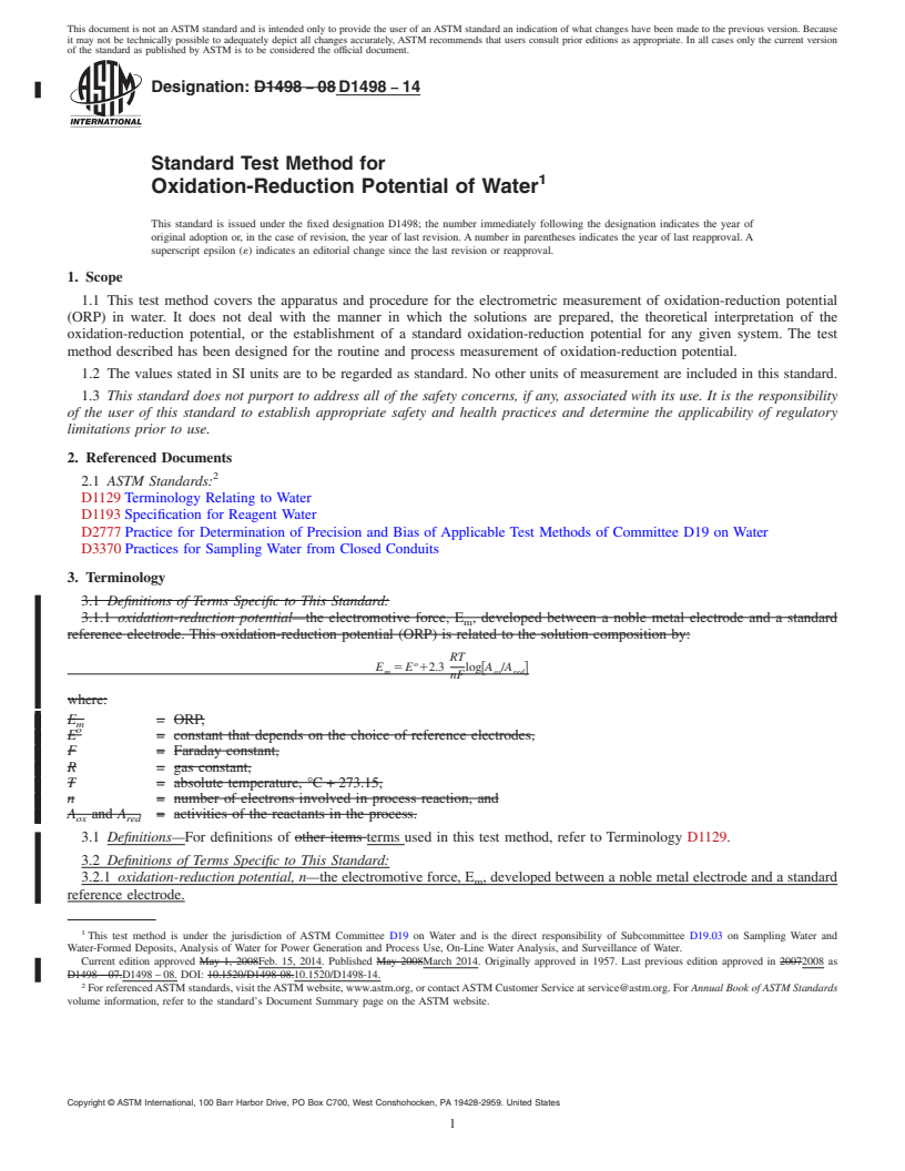 REDLINE ASTM D1498-14 - Standard Test Method for  Oxidation-Reduction Potential of Water