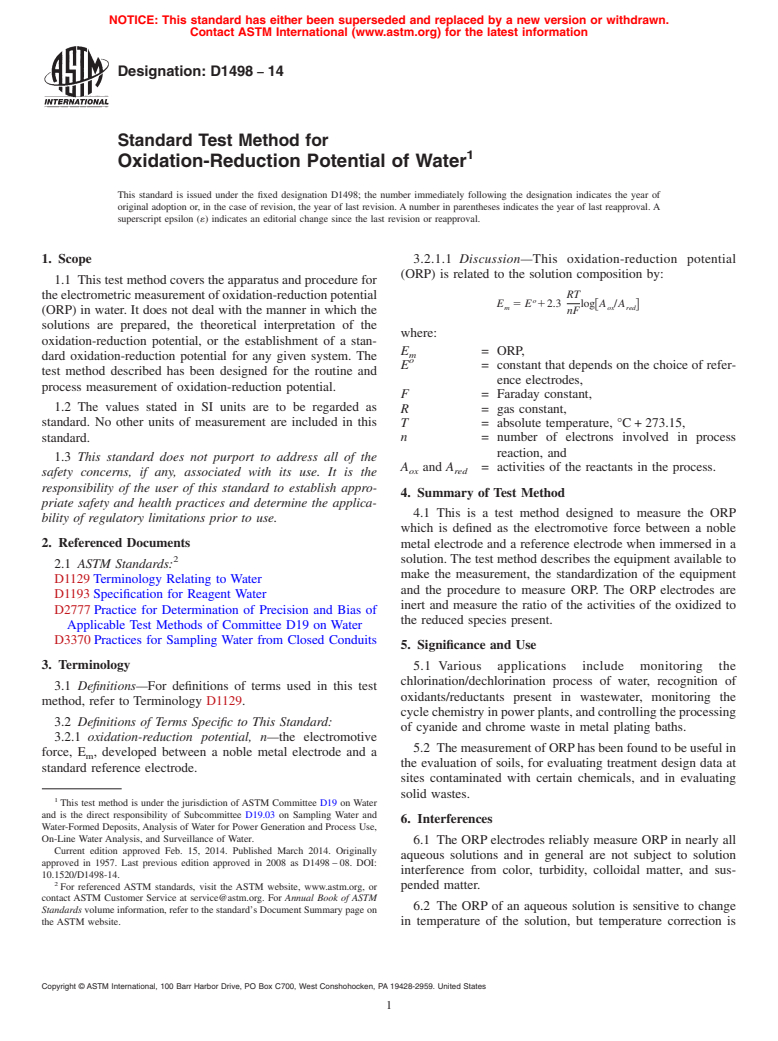 ASTM D1498-14 - Standard Test Method for  Oxidation-Reduction Potential of Water