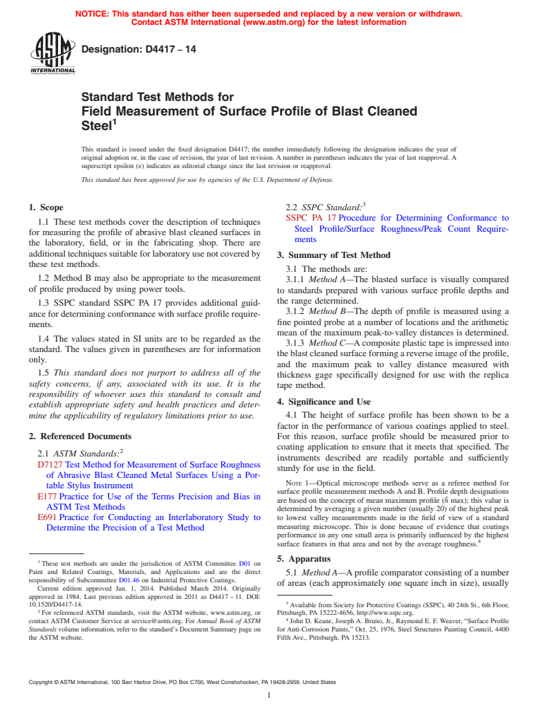 ASTM D4417-14 - Standard Test Methods for Field Measurement of Surface Profile of Blast Cleaned Steel