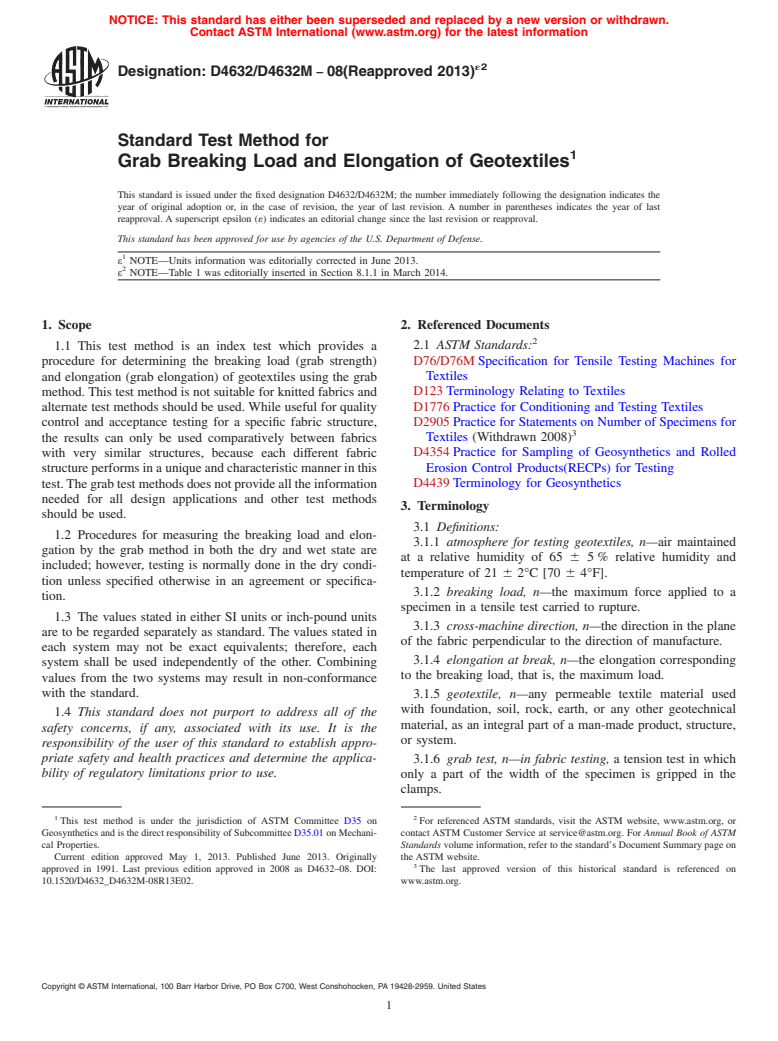 ASTM D4632/D4632M-08(2013)e2 - Standard Test Method for  Grab Breaking Load and Elongation of Geotextiles