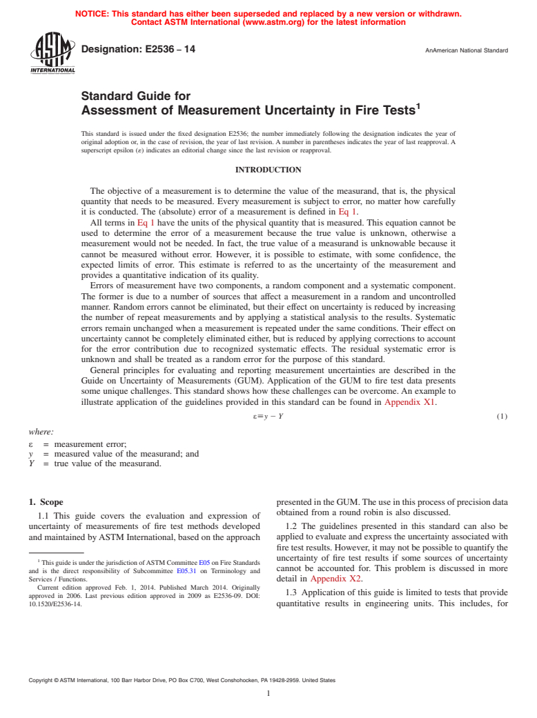 ASTM E2536-14 - Standard Guide for  Assessment of Measurement Uncertainty in Fire Tests