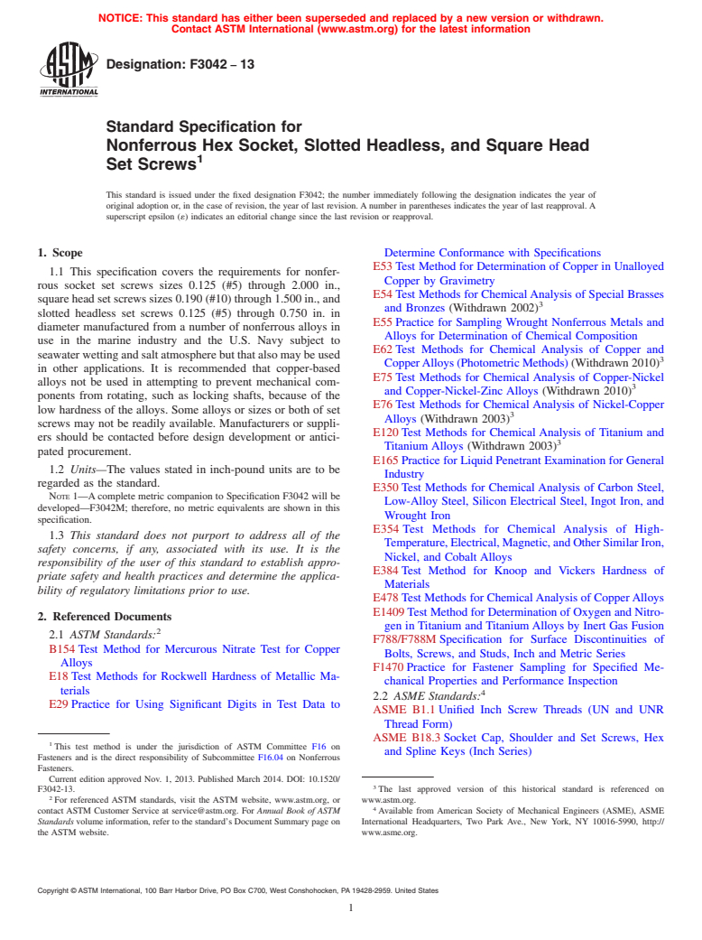 ASTM F3042-13 - Standard Specification for Nonferrous Hex Socket, Slotted Headless, and Square Head Set  Screws