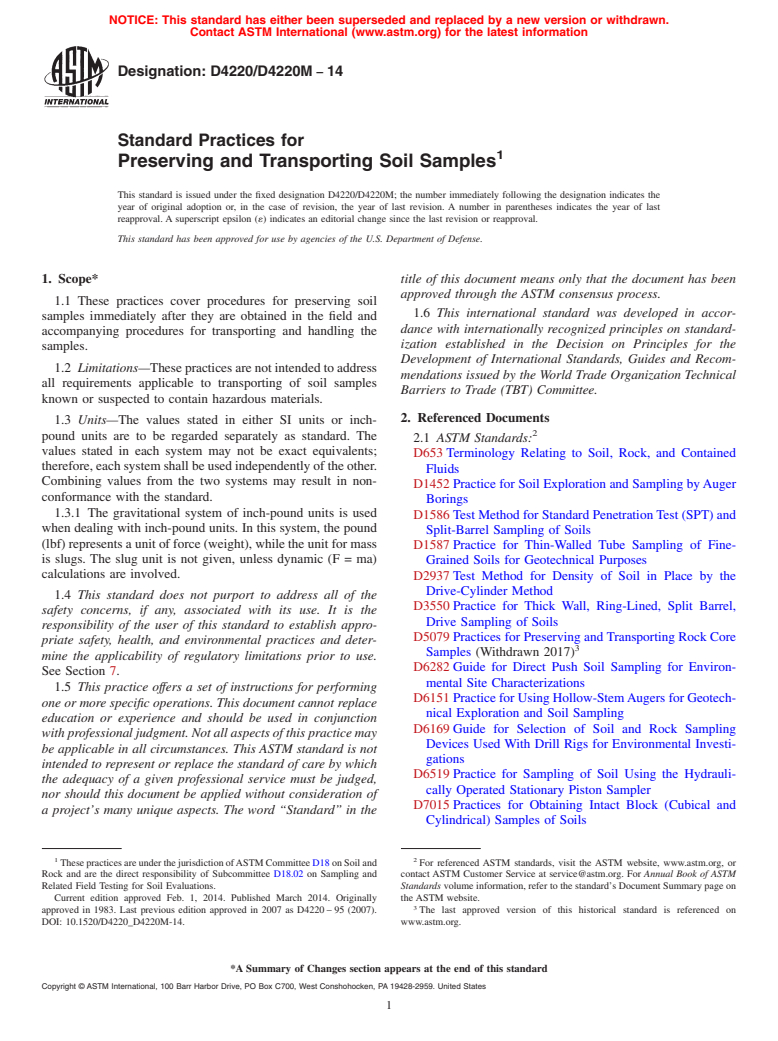 ASTM D4220/D4220M-14 - Standard Practices for Preserving and Transporting Soil Samples (Withdrawn 2023)