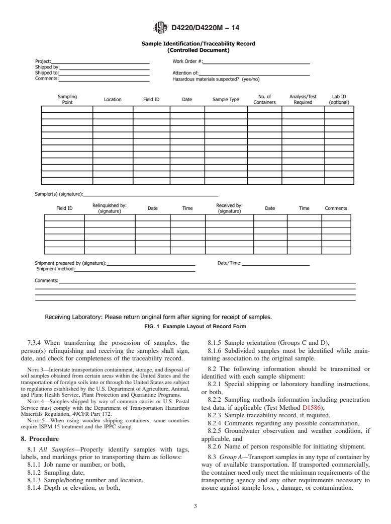 ASTM D4220/D4220M-14 - Standard Practices for Preserving and Transporting Soil Samples (Withdrawn 2023)