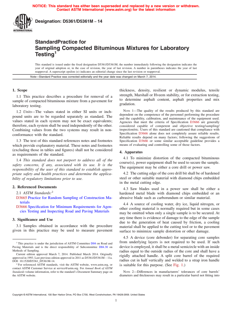 ASTM D5361/D5361M-14 - Standard Practice for Sampling Compacted Bituminous Mixtures for Laboratory Testing