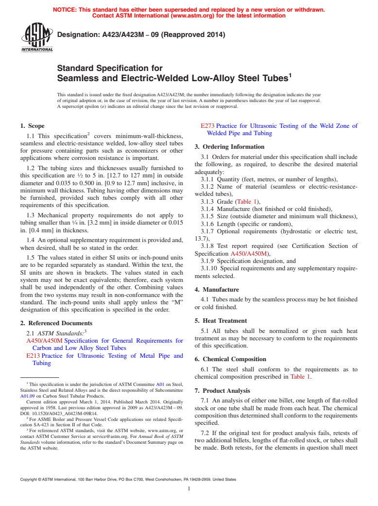 ASTM A423/A423M-09(2014) - Standard Specification for  Seamless and Electric-Welded Low-Alloy Steel Tubes