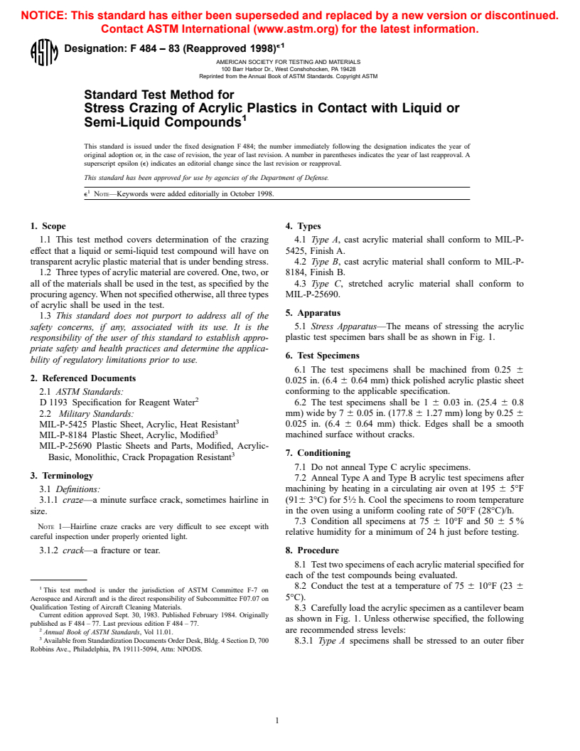 ASTM F484-83(1998)e1 - Standard Test Method for Stress Crazing of Acrylic Plastics in Contact with Liquid or Semi-Liquid Compounds