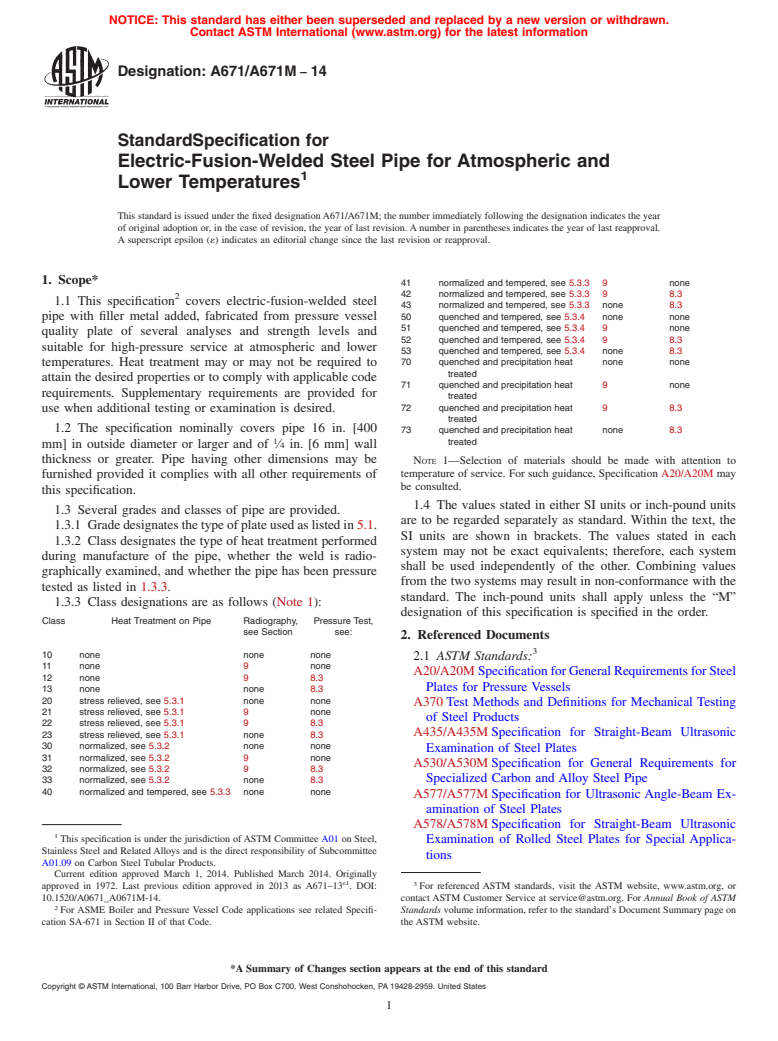 ASTM A671/A671M-14 - Standard Specification for Electric-Fusion-Welded Steel Pipe for Atmospheric and Lower  Temperatures