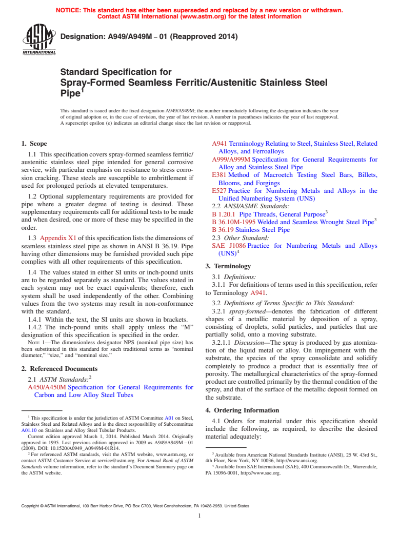 ASTM A949/A949M-01(2014) - Standard Specification for  Spray-Formed Seamless Ferritic/Austenitic Stainless Steel Pipe
