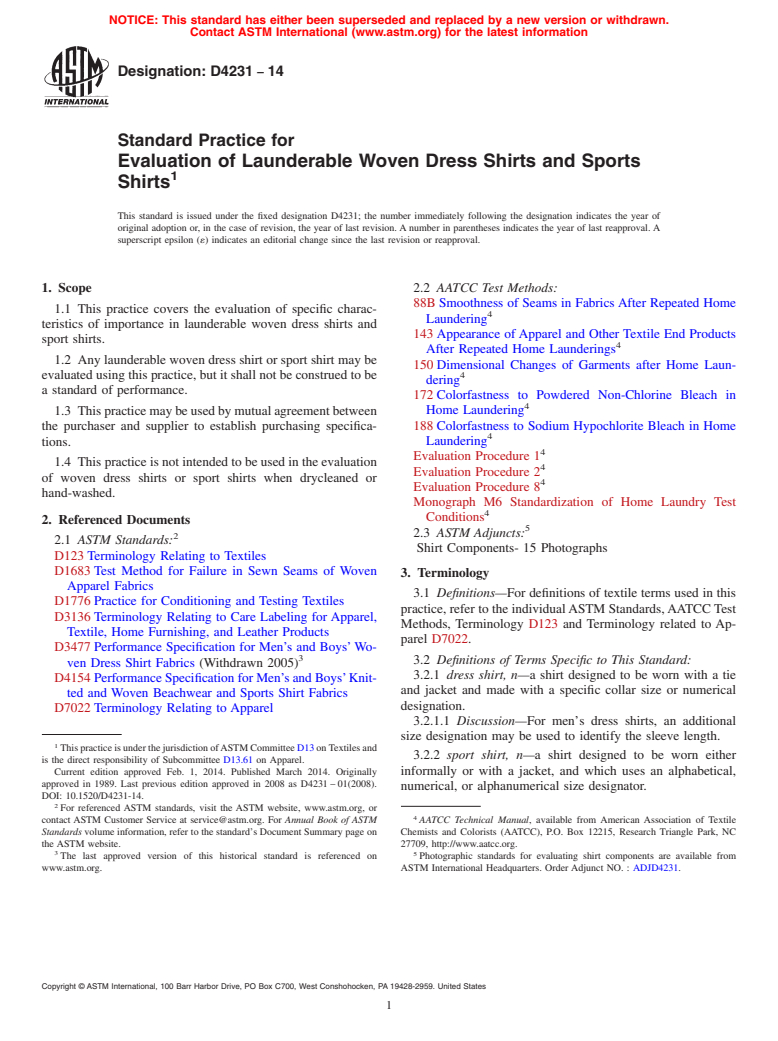 ASTM D4231-14 - Standard Practice for  Evaluation of Launderable Woven Dress Shirts and Sports Shirts