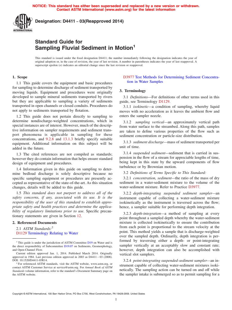 ASTM D4411-03(2014) - Standard Guide for  Sampling Fluvial Sediment in Motion